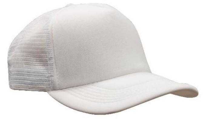 A white mesh trucker cap with a solid front panel and a breathable mesh back.