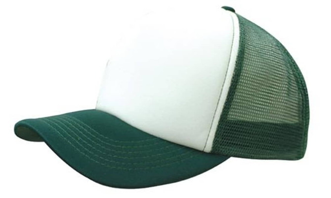 A Truckers Mesh Cap in green with a white front panel and a mesh back, featuring a logo on the side.