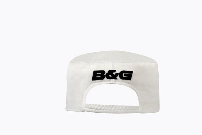 A white poly cotton chef's hat with a black logo on the back.