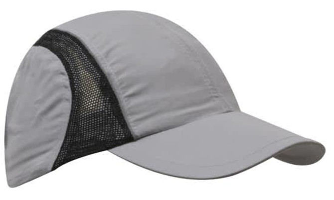 A grey sports cap featuring mesh panels and a reflective trim, with a logo on the side.