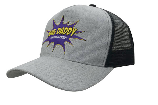 A grey marle cap with a mesh back, featuring a colourful logo and an embroidered design.