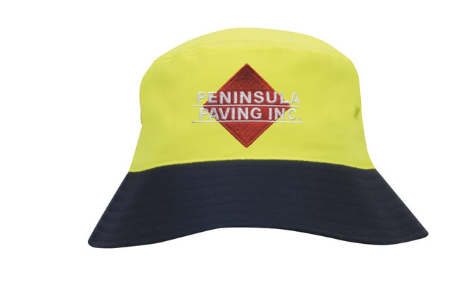 A luminescent yellow and navy bucket hat featuring a logo on the front.