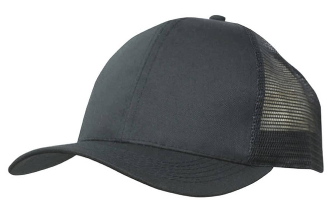A black cap made from recycled breathable poly twill with a mesh back and a curved brim. Features a logo.