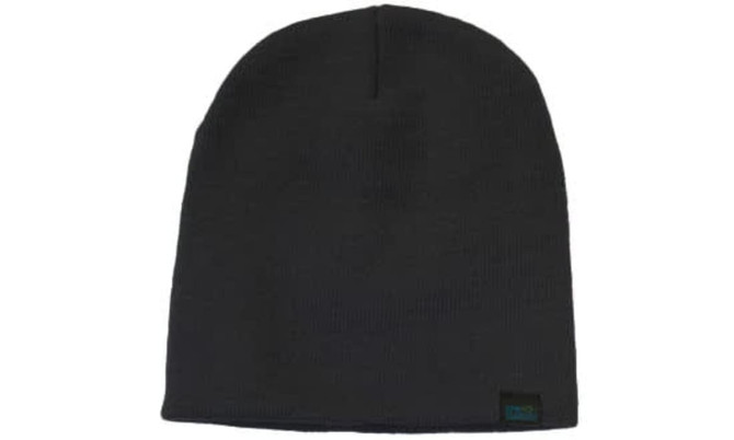 A black recycled roll down beanie featuring a small logo on the side. Suitable for headwear.