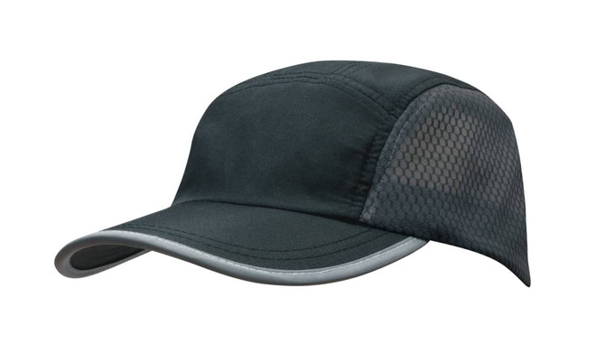 A black cap featuring bee hive mesh panels, a towelling sweatband, and reflective accents. Includes a logo.