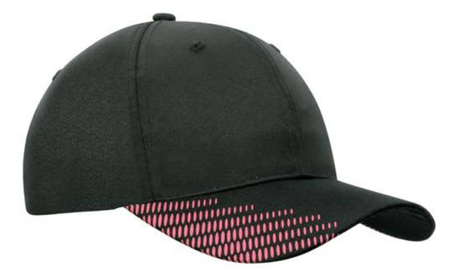 A black cap featuring a peak with a pink flash print and a logo. Suitable for casual wear.