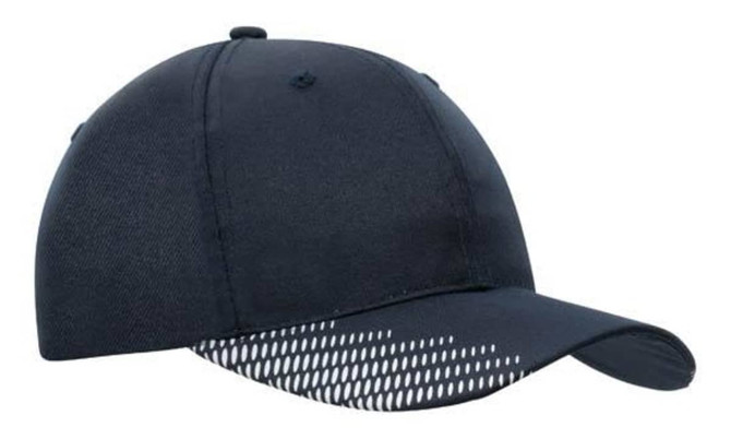 A navy cap featuring breathable poly twill material, with a peak and mesh panels for ventilation.