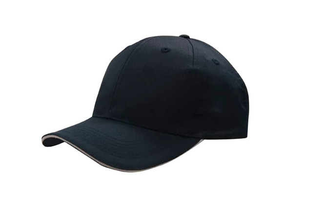 A navy blue cap with a sandwich peak and a logo on the front.