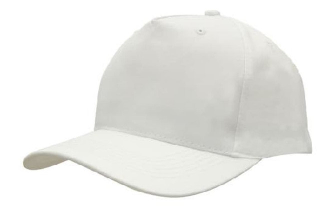 A white breathable poly twill cap with a curved brim and an adjustable strap at the back.