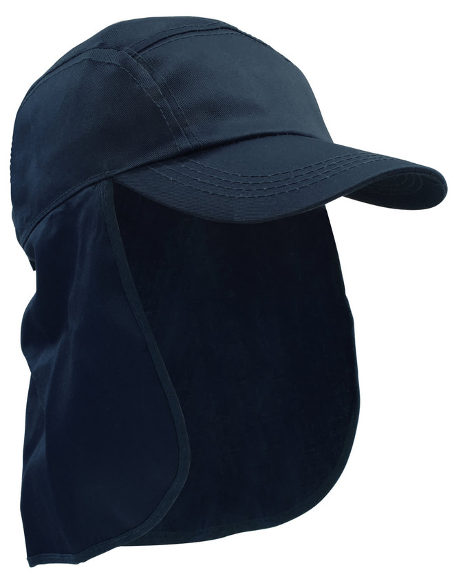 A navy blue Poly Cotton Legionnaire Cap with a wide neck flap and a curved brim, featuring a logo.