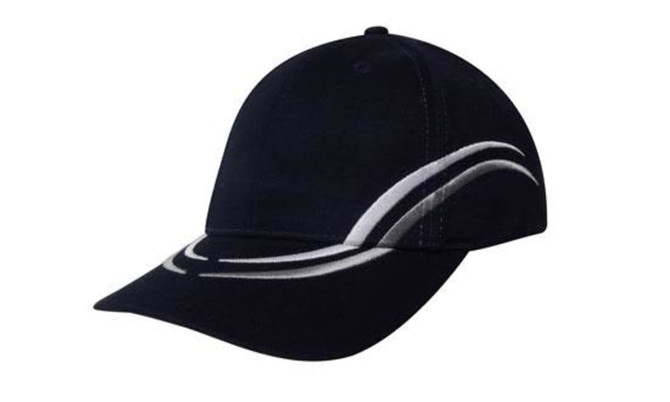A navy cap with a curved white embroidery design on the crown and peak, featuring a logo.