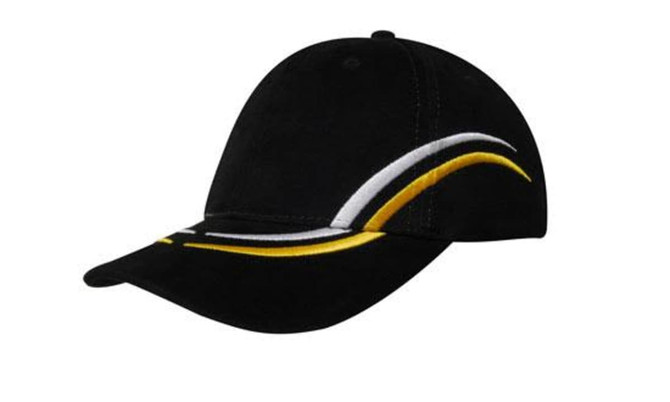 A black cap featuring curved embroidery in white and yellow on the crown and peak, with a branding logo.