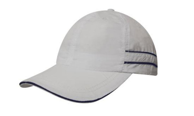A microfibre sports cap in light grey with navy piping and sandwich trim, featuring a logo.