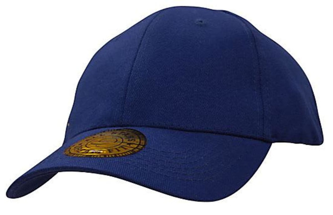 A navy blue cap featuring a rounded crown and a branded logo on the front.
