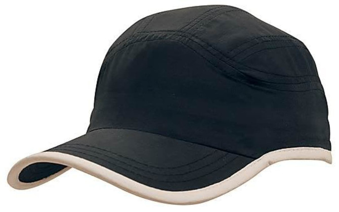 A black microfibre sports cap with a trim along the edge of the crown and peak. Features a logo.