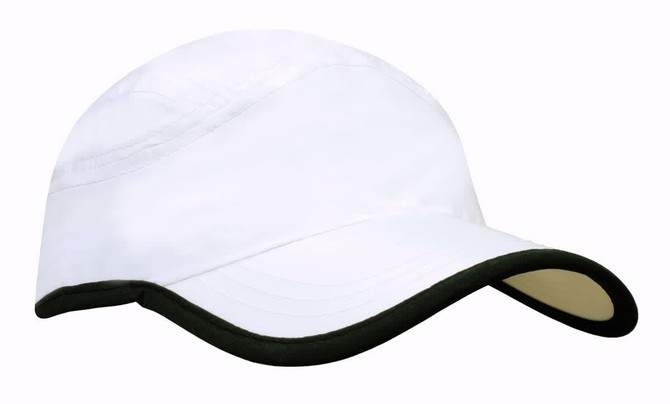A white microfibre sports cap with a black trim on the edge of the crown and peak, featuring a logo.