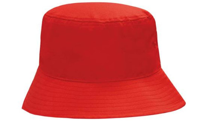 A red breathable poly twill bucket hat with a wide brim and smooth finish. It features a logo.