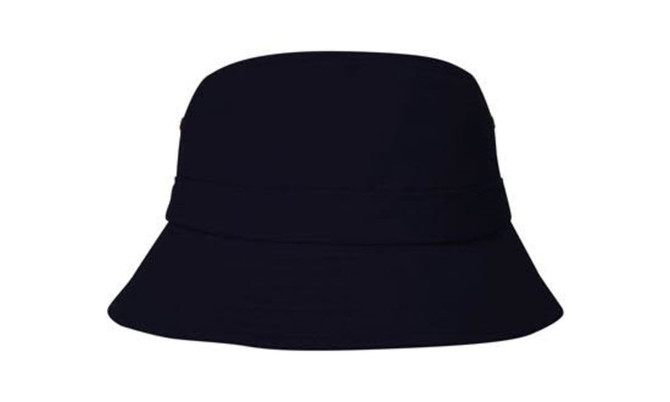 A navy blue child’s bucket hat with a wide brim, featuring a logo. Ideal for sunny days.