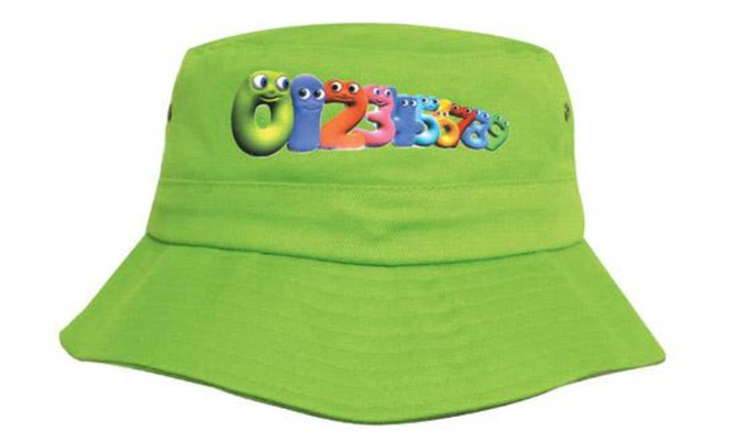 A bright green bucket hat featuring a colourful logo with playful cartoon-like characters.
