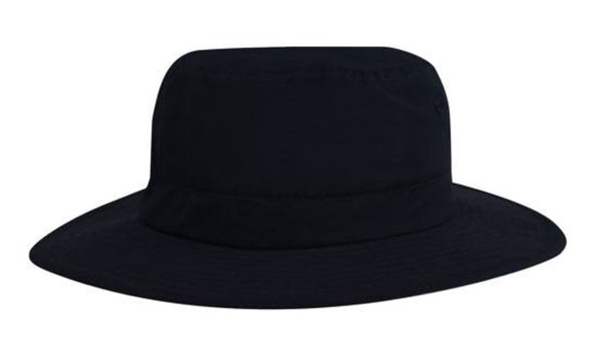 A black microfibre adjustable bucket hat with a wide brim. It features a logo on the side.