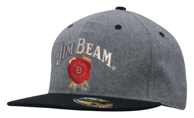 A grey marle flannel cap with a black peak and a logo on the front.