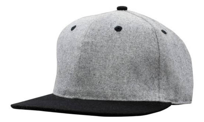 A grey marle flannel cap with a black brim and a logo, featuring a snapback closure and pro styling.