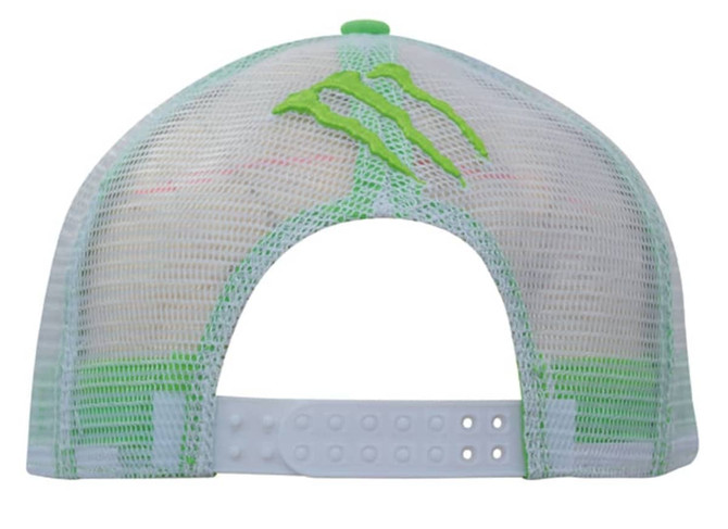 A green and white mesh cap with a snap back and a logo on the rear.