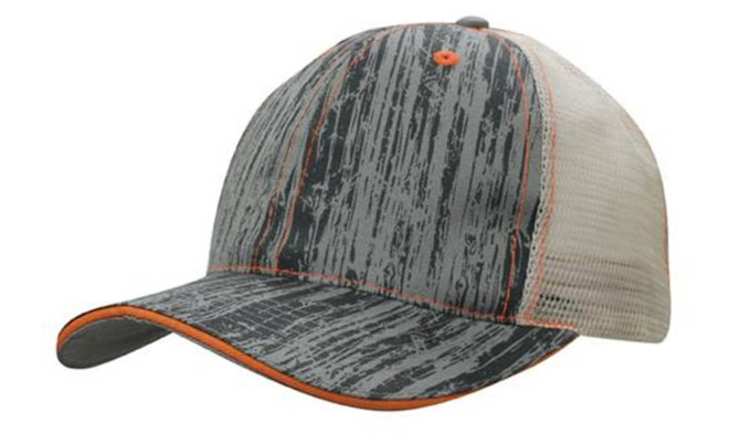 A cap featuring a wood print design in grey with an orange accent and a mesh back.