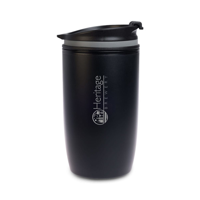 A reusable coffee cup in matte black with a lid and a logo on the side.