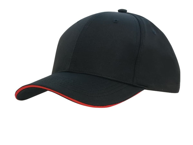 A black sports cap with a red sandwich trim and a logo on the front. The cap features a curved peak and ventilation holes.