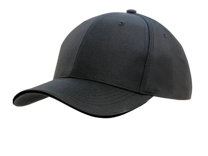 A black sports cap featuring a sandwich trim and a logo. The cap has a classic curved brim design.