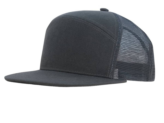 A dark grey A-frame cap featuring a mesh back and a structured front panel, complete with a branding logo.