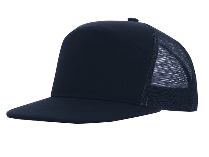 A navy premium American twill A-frame cap with a mesh back. It features a structured design and a flat brim.