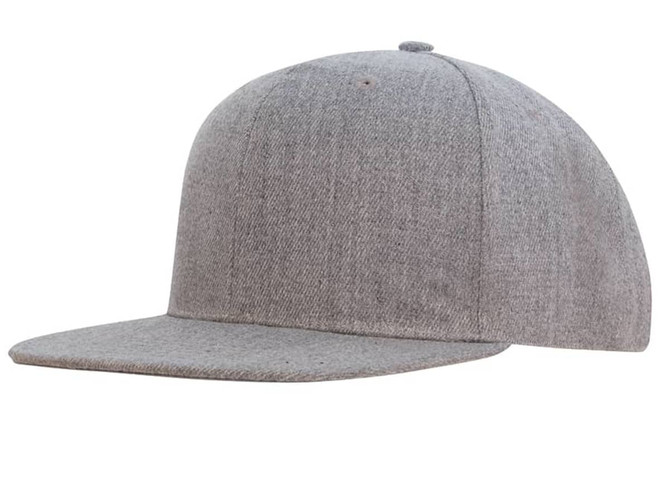 A premium flat peak cap in grey, featuring a structured design and a logo.