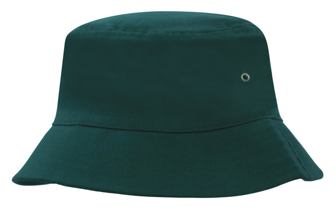 A dark green brushed sports twill bucket hat with a circular logo detail.