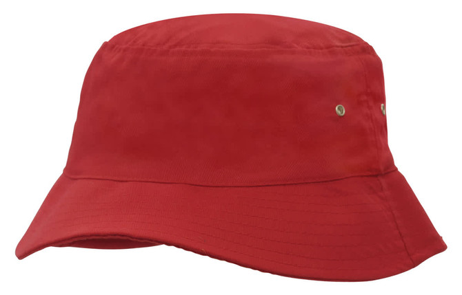 A red brushed sports twill bucket hat featuring a wide brim and metal eyelets for ventilation.