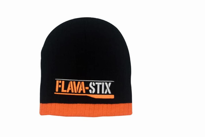 A black and orange cable knit beanie featuring a logo on the front.