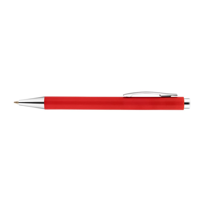 A red plastic pen with a shiny silver clip, featuring a simple design and a sleek barrel.
