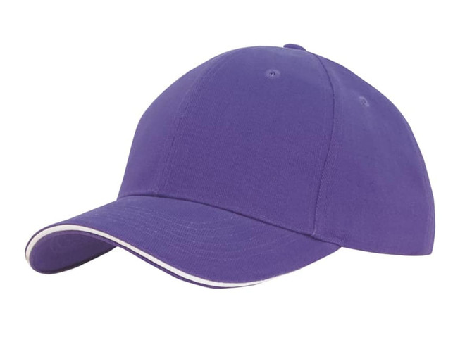 A purple brushed heavy cotton cap with sandwich trim and a logo.