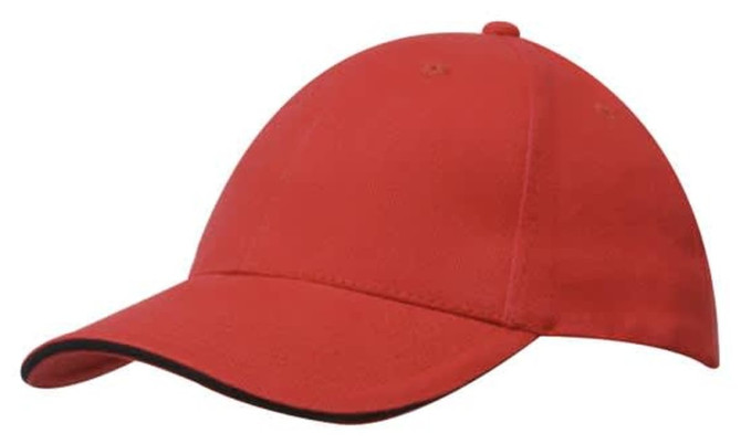 A red cap featuring sandwich trim and a classic design. Includes a logo on the front.