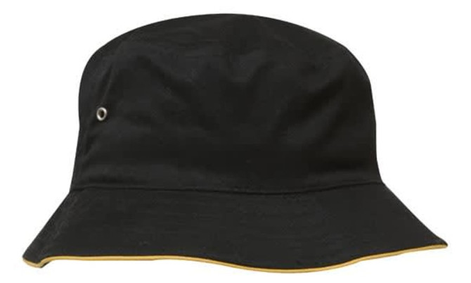 A black bucket hat with a yellow trim and a logo feature. Ideal for headwear collection.