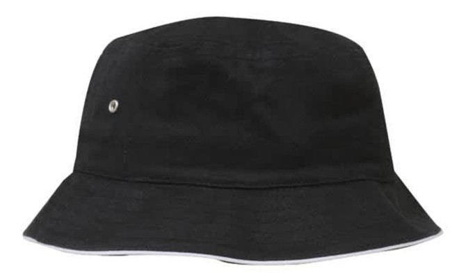 A black brushed sports twill bucket hat featuring a decorative logo and a wide brim.