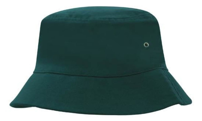A dark green Brushed Sports Twill Bucket Hat featuring a simple design and a logo on the side.