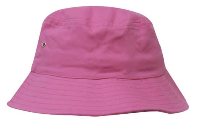 A pink brushed sports twill bucket hat with a wide brim and a logo.