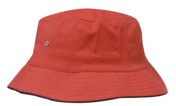 A red brushed sports twill bucket hat featuring a logo and a wide brim.