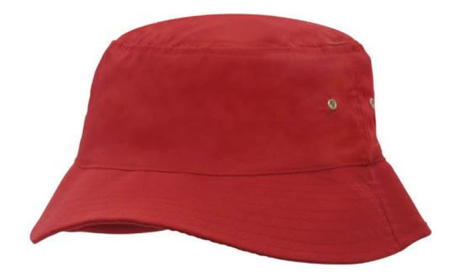 A red brushed sports twill bucket hat featuring a branded logo and metal eyelets for ventilation.