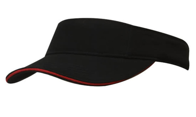 A black visor with a red accent along the brim, featuring a logo.