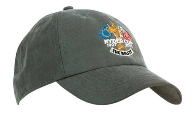 A dark green cap with an embroidered design, featuring a logo and text on the front.