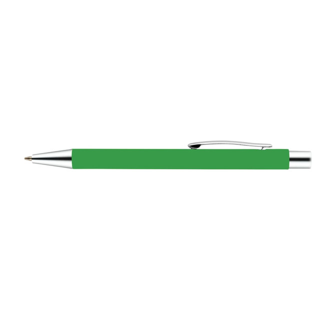 A green aluminium pen with a silver clip. The pen has a sleek, modern design and includes a branding logo.