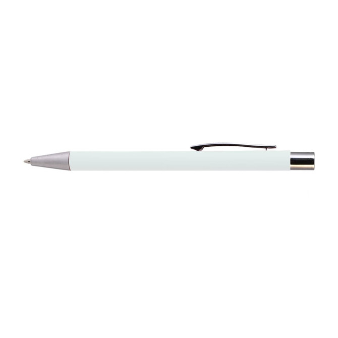 A metal pen in a mint green shade with a silver clip and tip, featuring a branding logo.